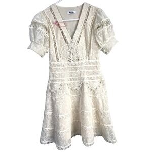 LEA Lace Mini Dress Womens S Ivory Floral Eyelet Puff Sleeve Romantic Bridal Tea